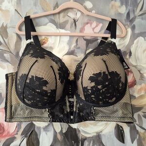Cacique Black Lace Boost Balconette Bra with Gold Ring 46DDD